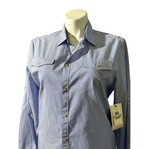 Calvin Klein Blue White Classic Striped Button Down Shirt NWT Roll Tab Sleeve - Picture 2 of 16